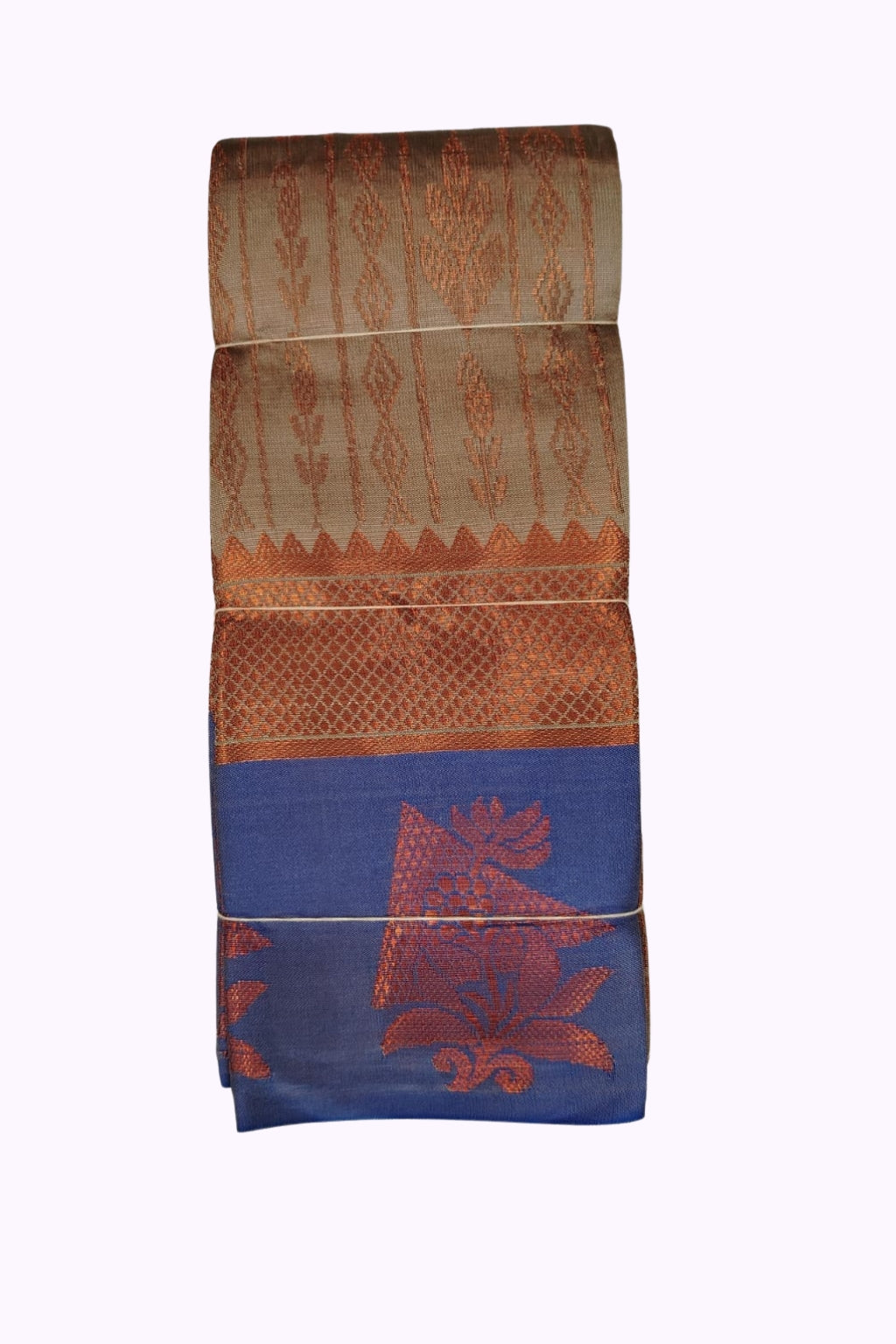 Beige Gold Silk Blend Saree with Royal Blue Contrast and Copper Zari Pallu