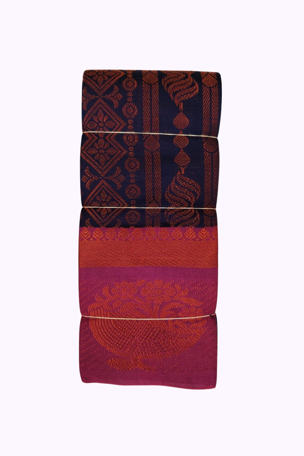 Navy Blue Silk Blend Saree with Copper Zari Border and Contrast Pink Pallu