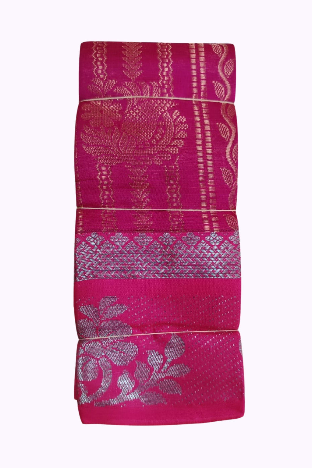 Rani Pink Silk Blend Saree with Silver Zari Border and Floral Pallu