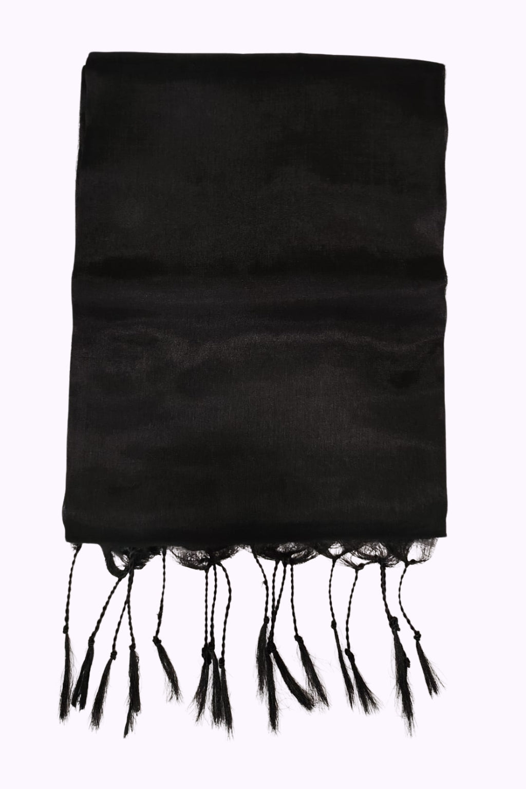 Classic Black Soft Silk Shawl with Hand-Twisted Tassels