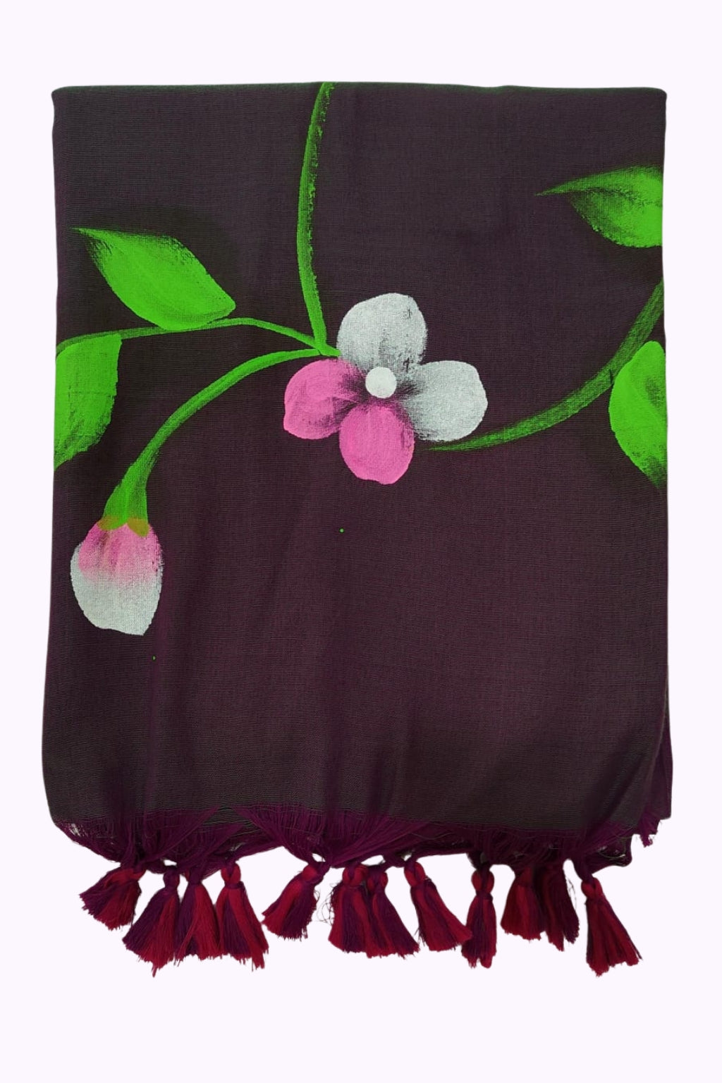 Women Plum Purple Hand-Painted Floral Tassel Dupatta