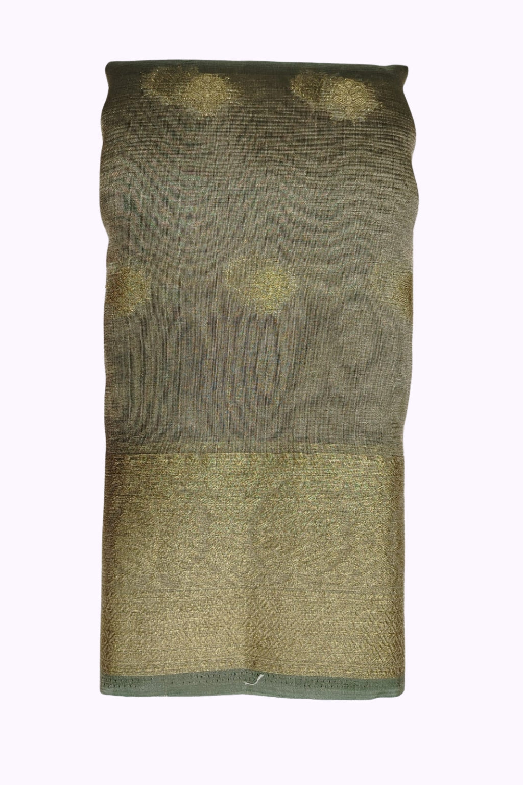 Sage Green Silk Saree with Gold Zari Buttas & Rich Traditional Border