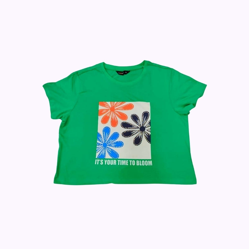 Women’s Green Floral Printed Crop Top – “It’s Your Time to Bloom” Graphic T-Shirt