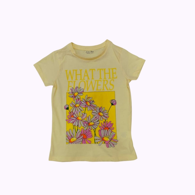 Women’s Pastel Yellow “What The Flowers” Printed T-Shirt – Floral Graphic Casual Top