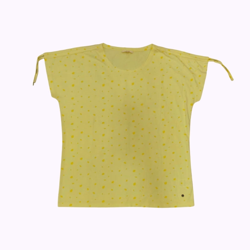 Women’s Pastel Yellow Polka Dot Top with Tie-Up Sleeves – Casual Summer T-Shirt
