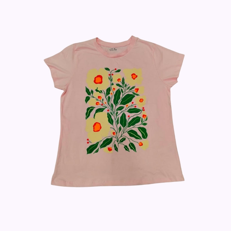 Women’s Blush Pink Floral Printed T-Shirt – Botanical Graphic Casual Top