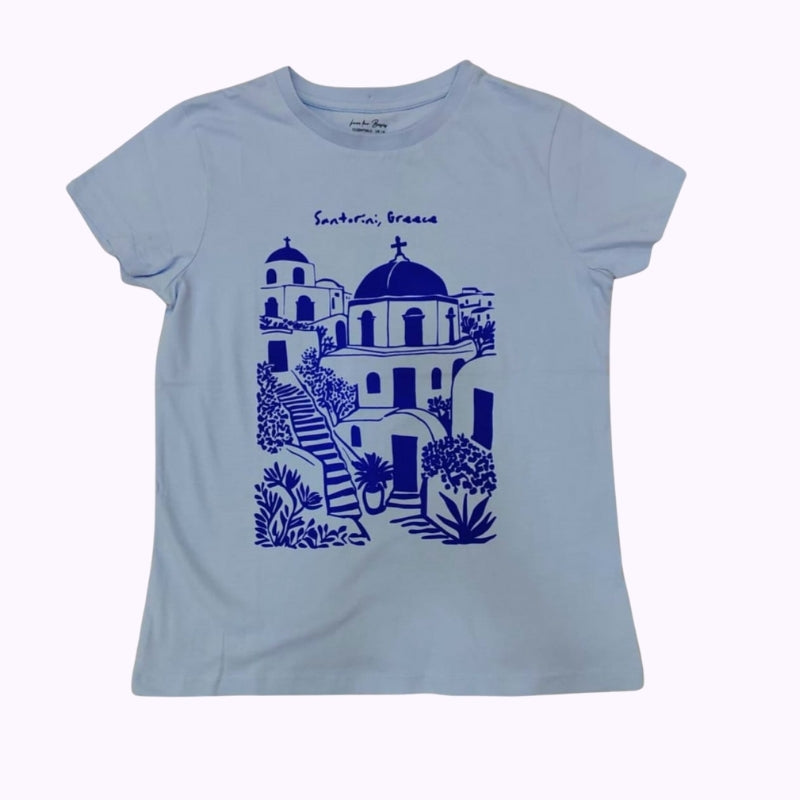 Women’s Sky Blue “Santorini, Greece” Graphic T-Shirt – Travel Inspired Casual Top