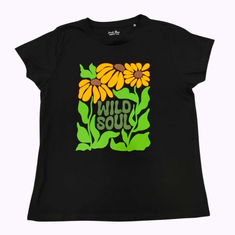 Women’s Black “Wild Soul” Floral Graphic T-Shirt – Bold Casual Statement Top