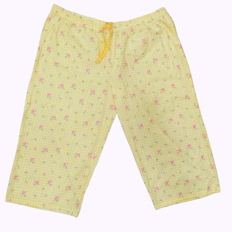 Women’s Yellow Floral Printed Capri Pants – Soft Cotton Lounge Wear
