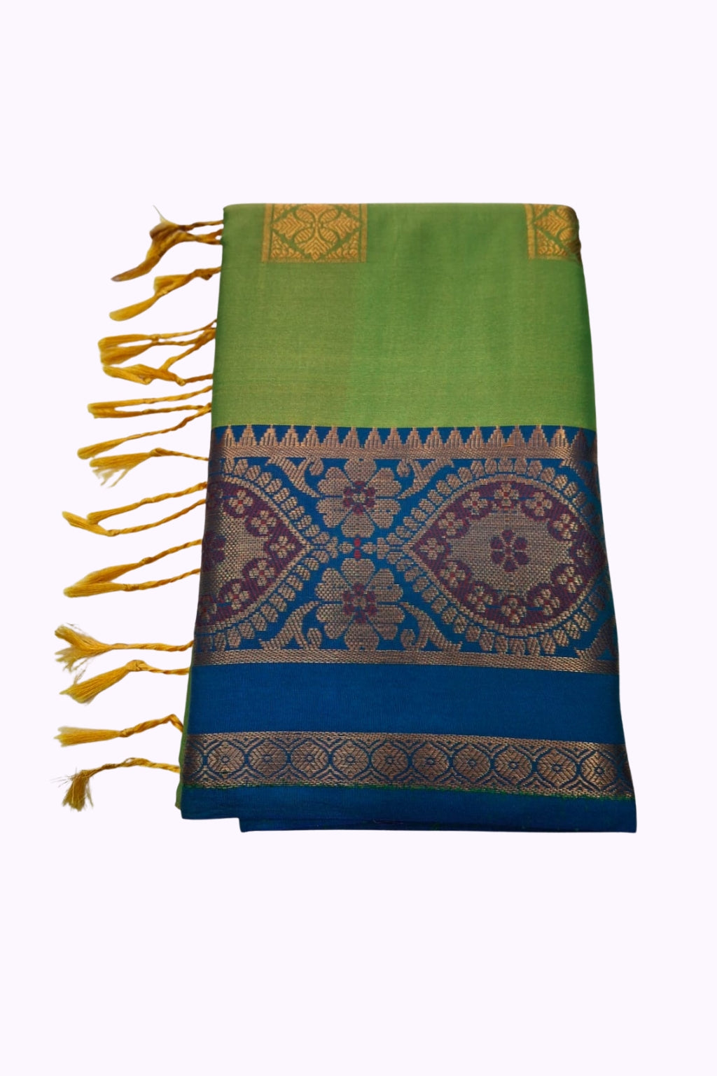 Green Soft Silk Saree with Royal Blue Floral Zari Border
