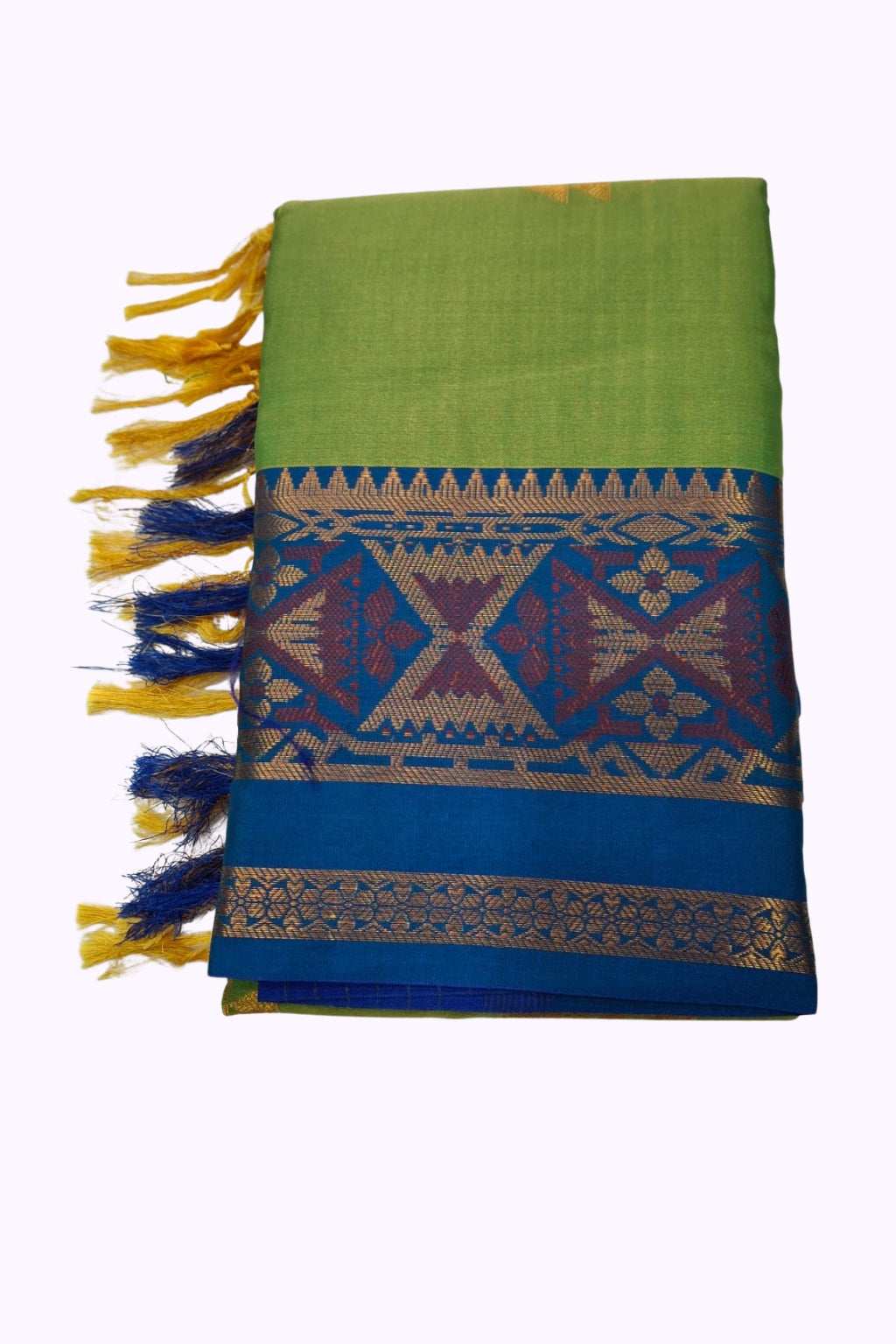 Green Soft Silk Saree with Royal Blue Geometric Zari Border