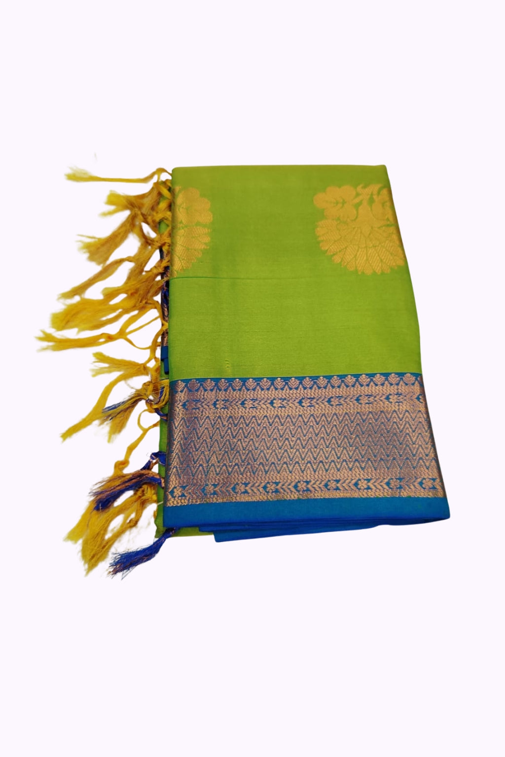 Green Soft Silk Saree with Blue Zari Border & Contrast Tassels