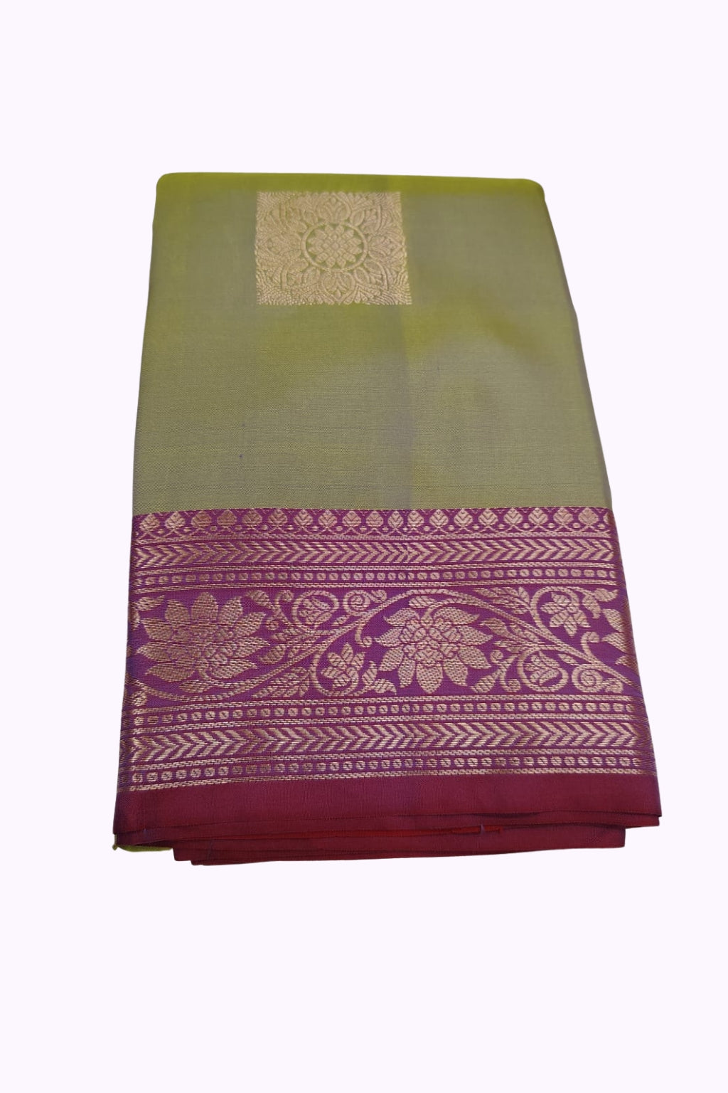 Olive Green Soft Silk Saree with Pink Floral Zari Border