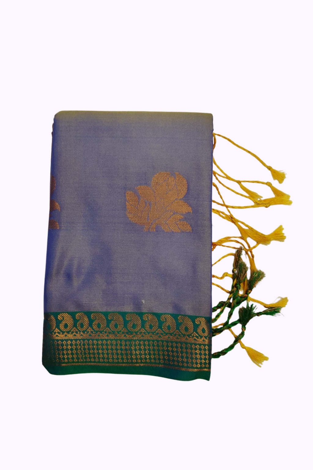 Lavender Soft Silk Saree with Green Paisley Zari Border