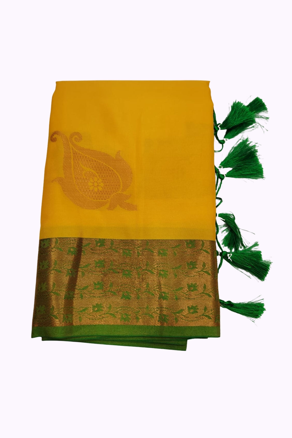 Yellow Soft Silk Saree with Green Floral Zari Border