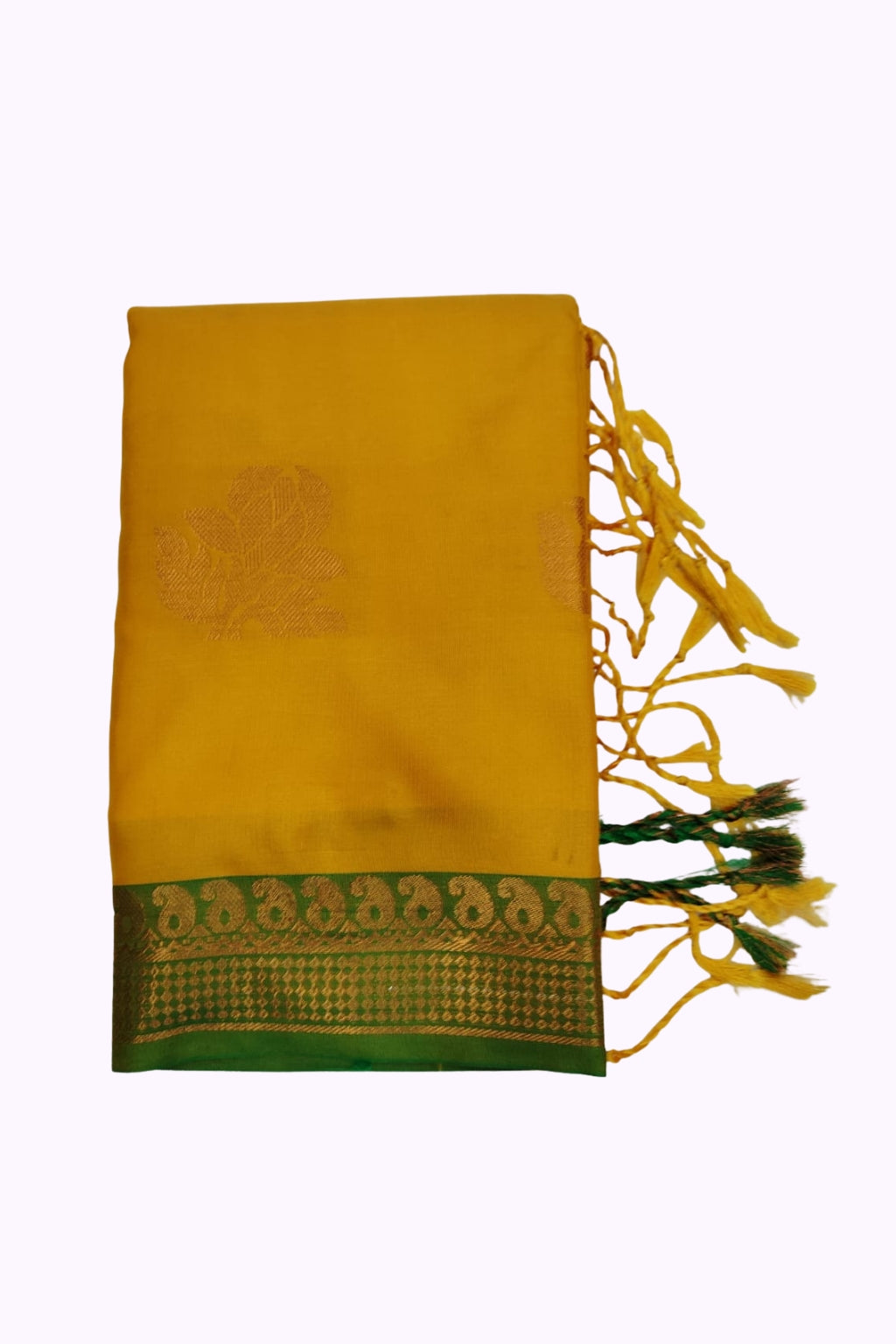Mustard Yellow Soft Silk Saree with Green Paisley Zari Border