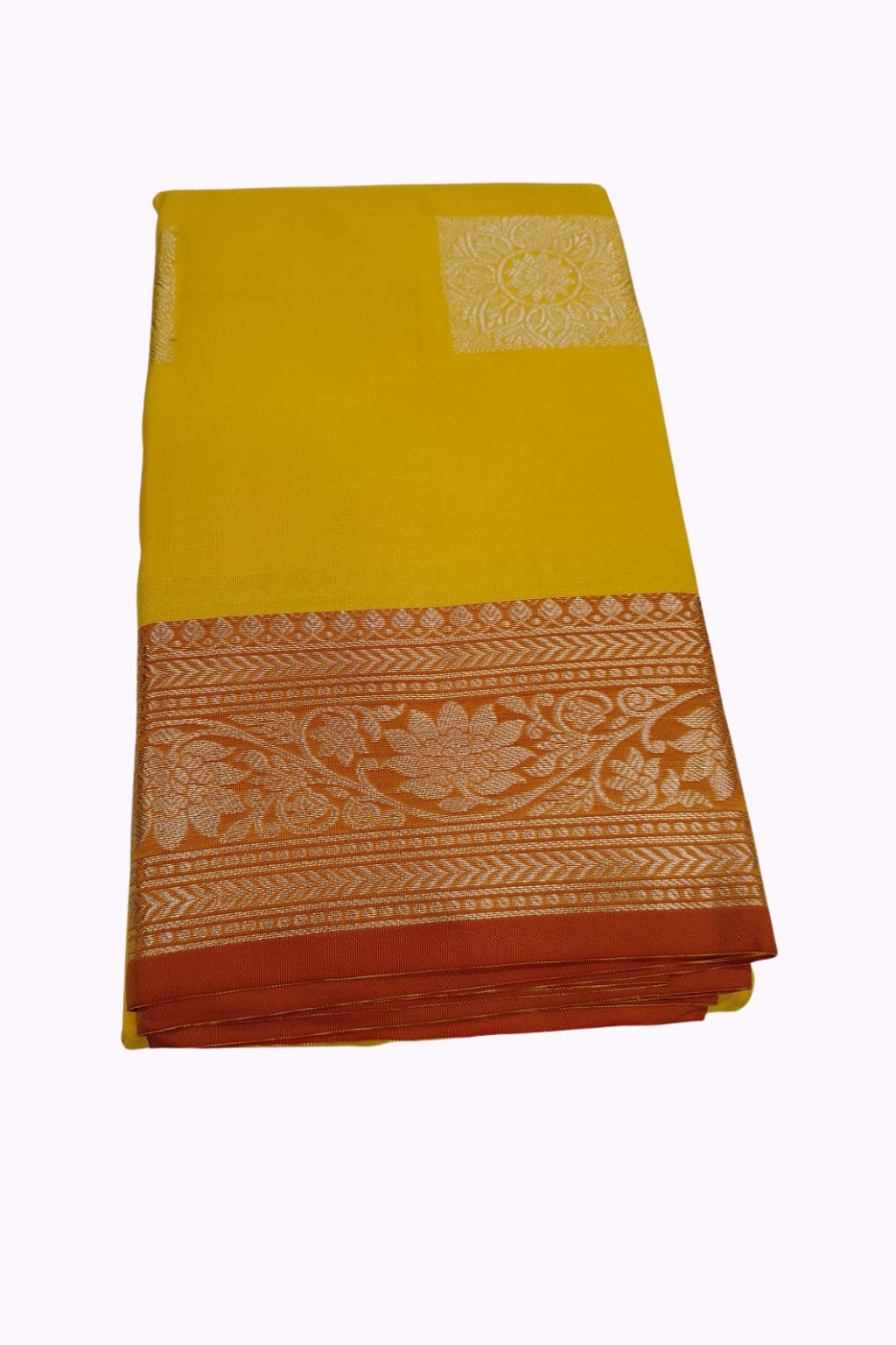 Mustard Yellow Soft Silk Saree with Red Zari Border