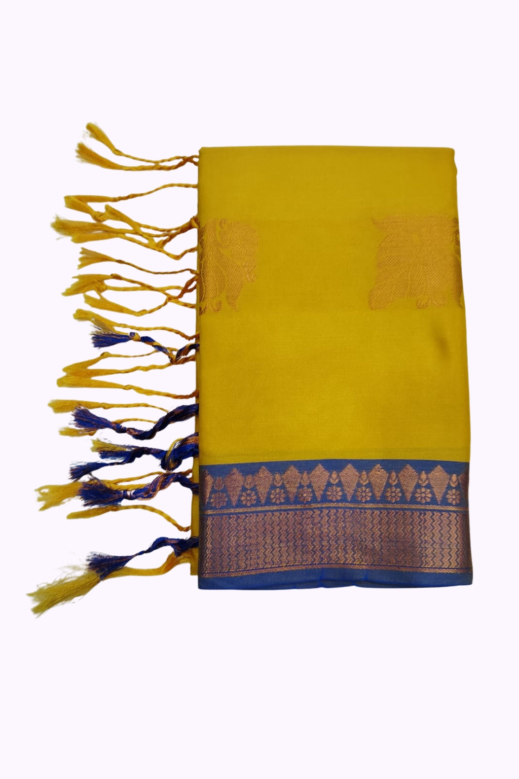 Mustard Yellow Soft Silk Saree with Royal Blue Zari Border