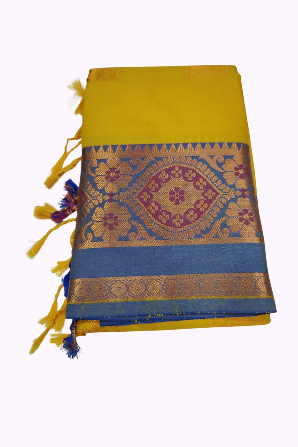 Mustard Yellow Soft Silk Saree with Blue Floral Zari Border