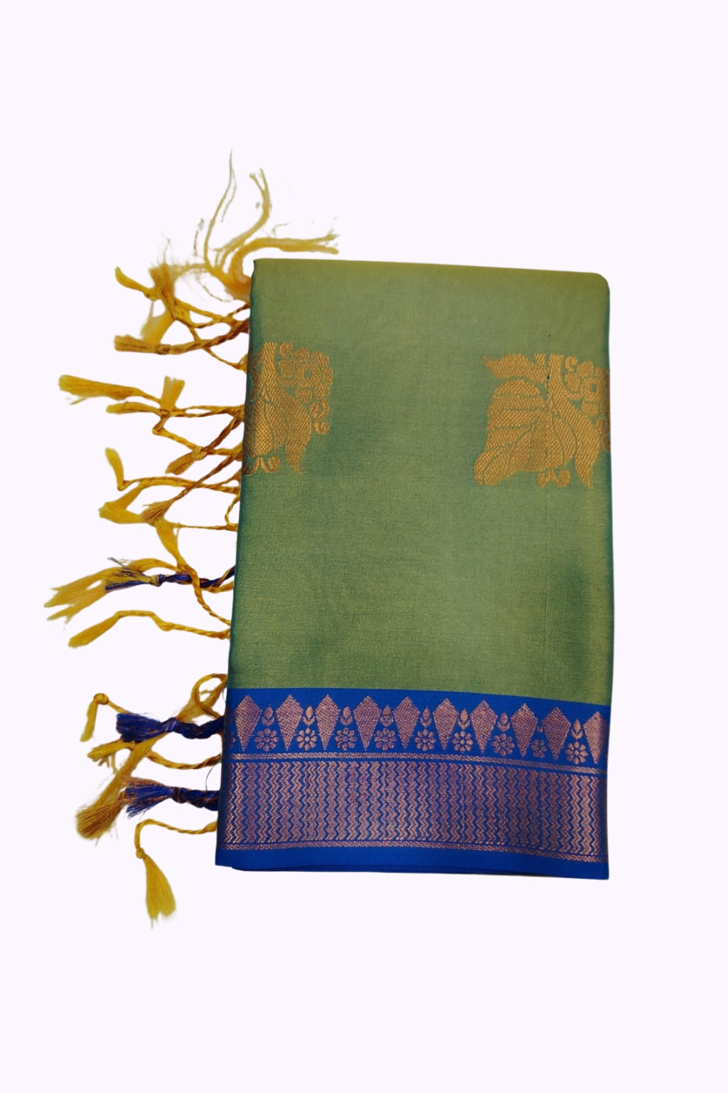 Olive Green Soft Silk Saree with Royal Blue Zari Border