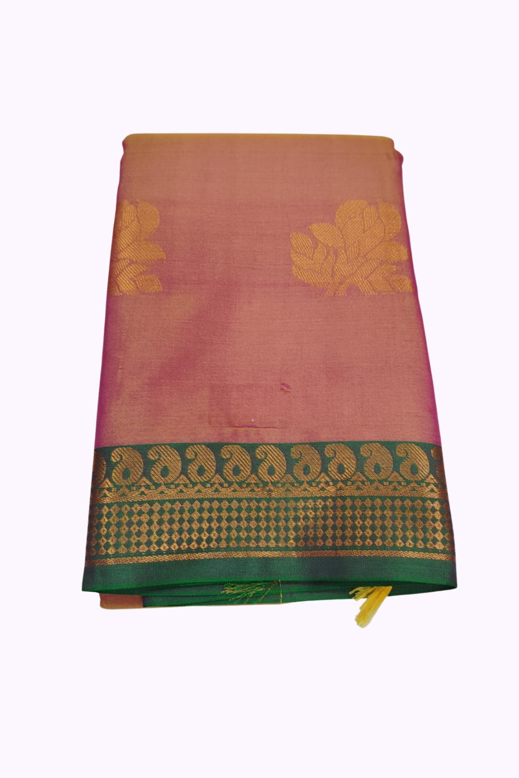 Pink Soft Silk Saree with Green Paisley Zari Border