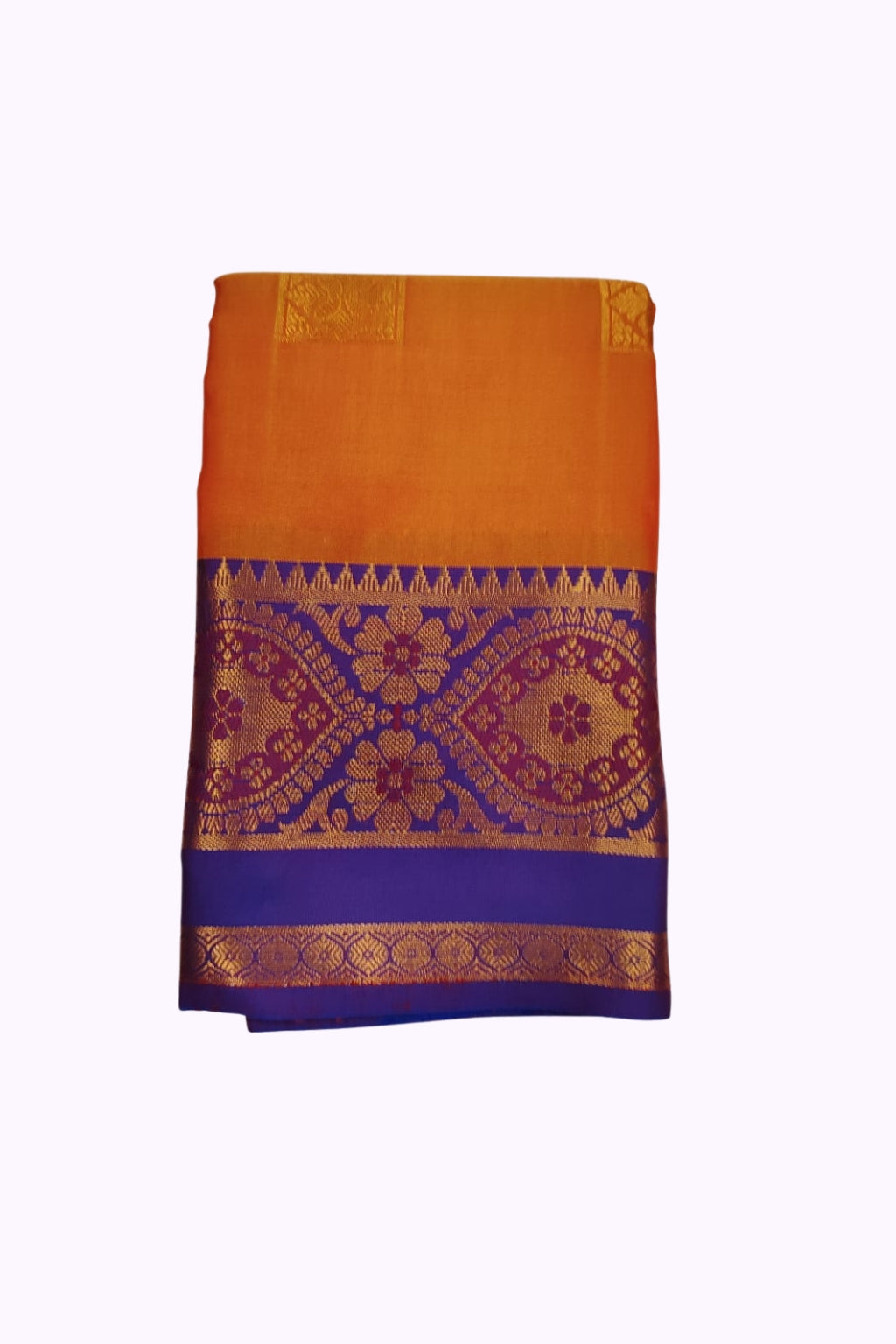 Orange Soft Silk Saree with Royal Purple Floral Zari Border
