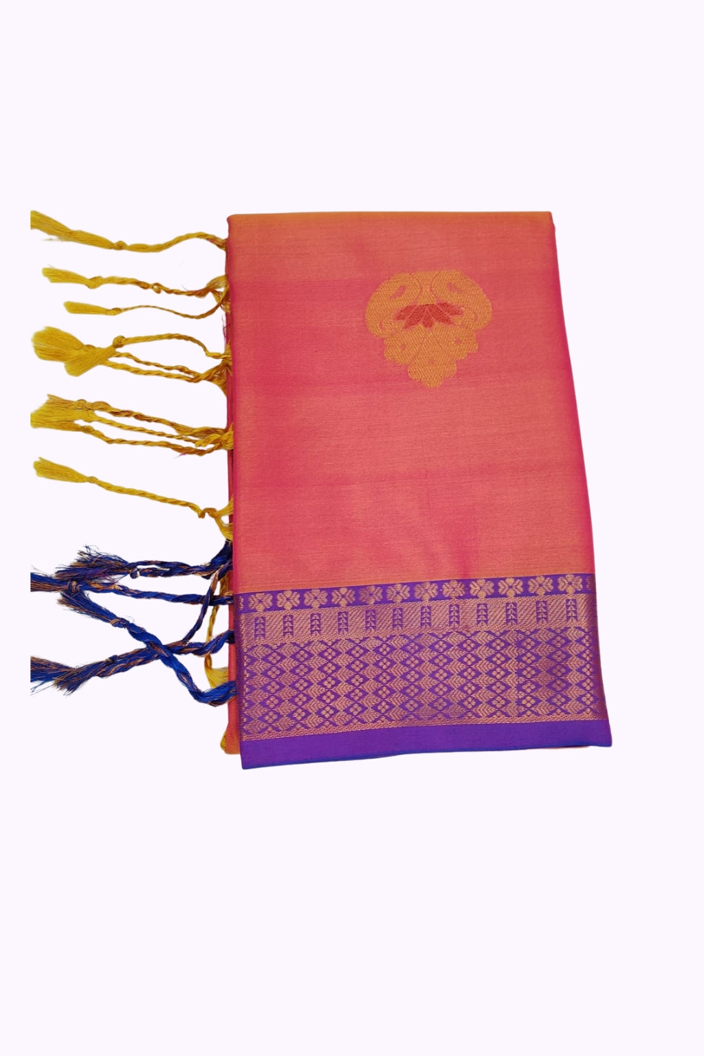 Pink & Orange Soft Silk Saree with Purple Zari Border