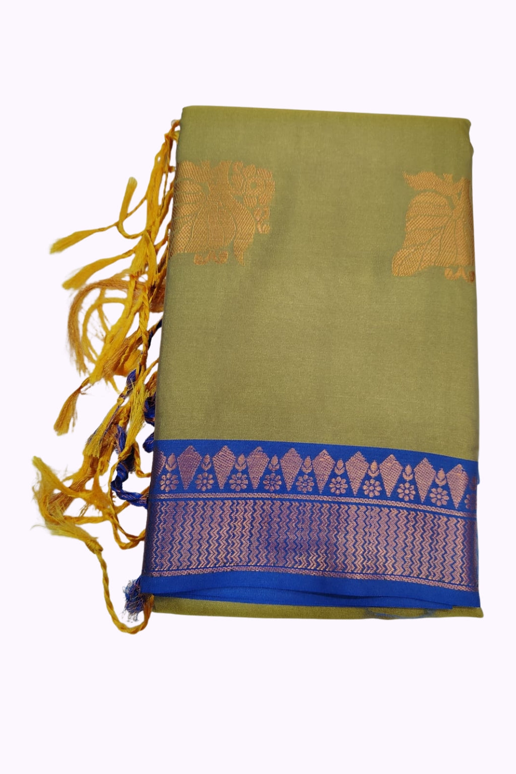 Olive Soft Silk Saree with Royal Blue Zari Border