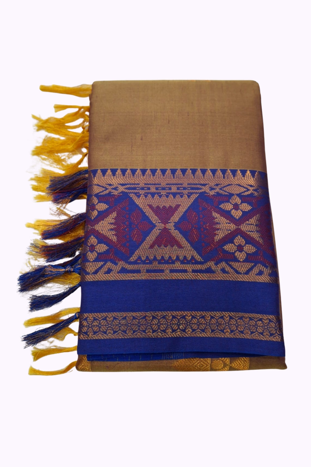 Brown Soft Silk Saree with Royal Blue Geometric Zari Border