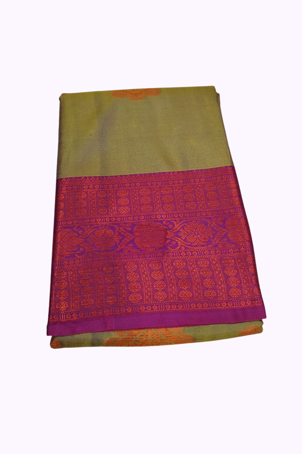 Olive Soft Silk Saree with Contrast Pink–Red Zari Border