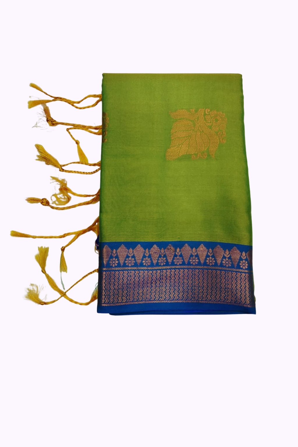 Parrot Green Soft Silk Saree with Royal Blue Zari Border