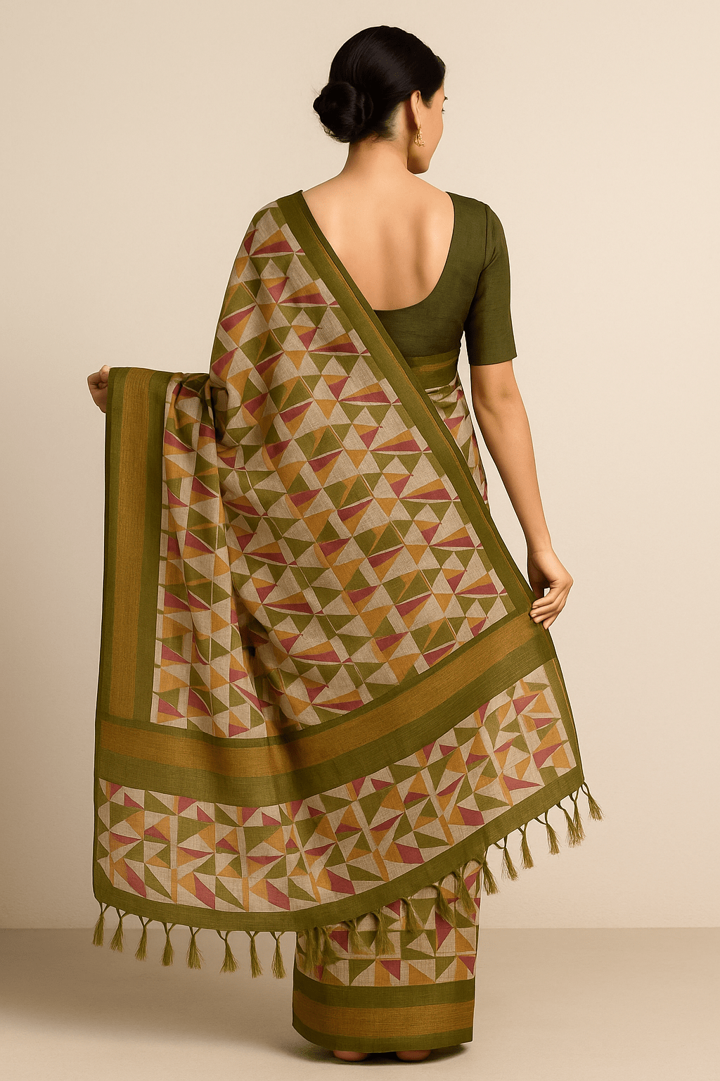 Multicolor Geometric Print Bhagalpur Art Silk Saree with Olive Border & Tassels