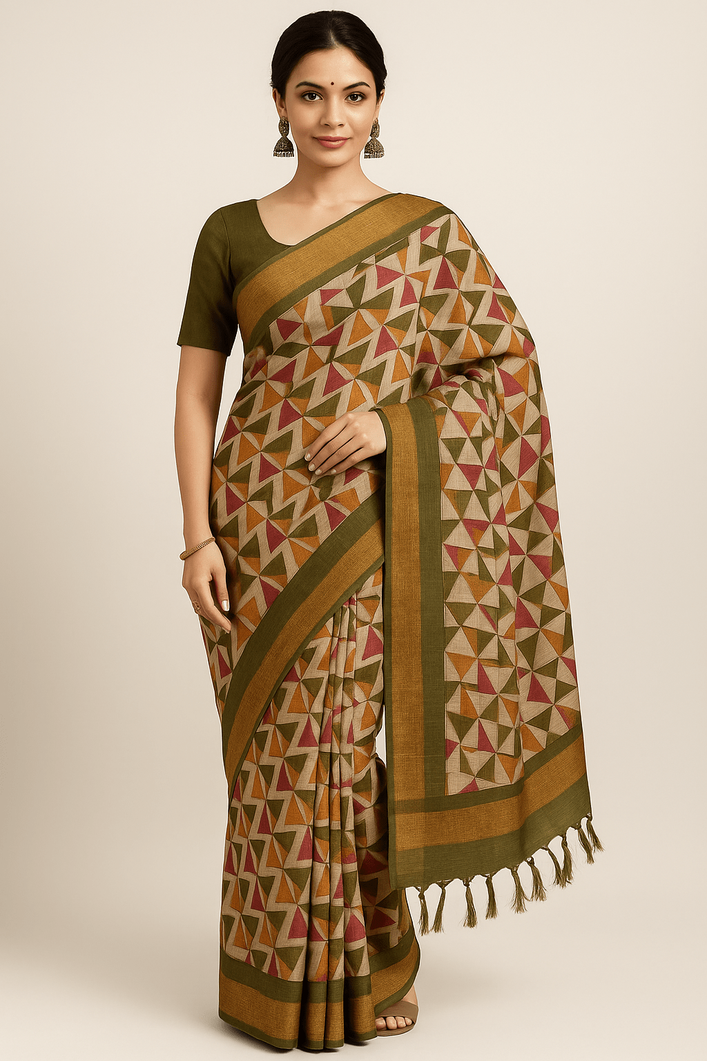 Multicolor Geometric Print Bhagalpur Art Silk Saree with Olive Border & Tassels