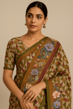 Multicolor Geometric Print Bhagalpur Art Silk Saree with Olive Border & Tassels