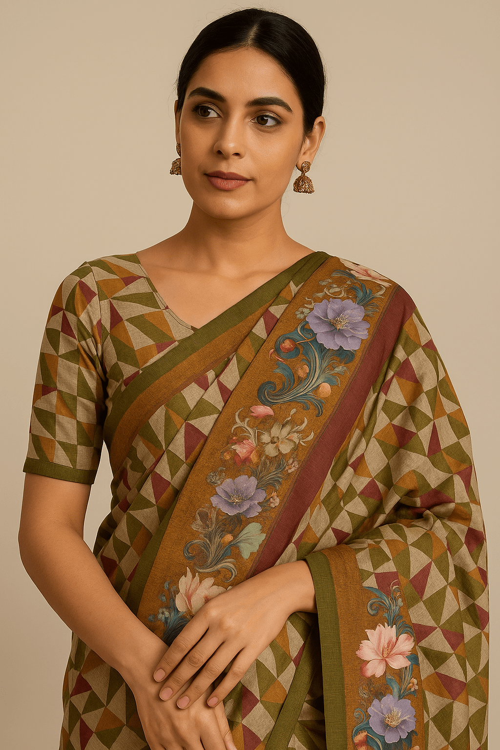 Multicolor Geometric Print Bhagalpur Art Silk Saree with Olive Border & Tassels