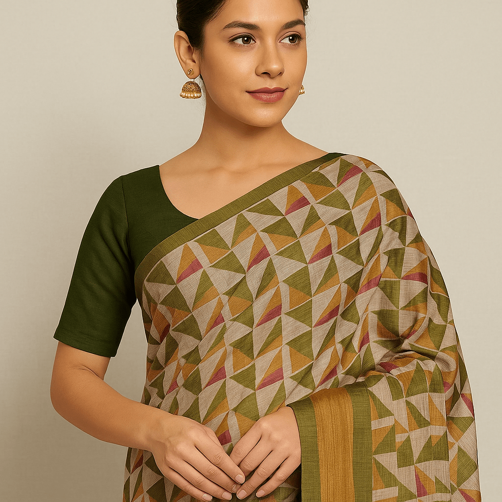 Multicolor Geometric Print Bhagalpur Art Silk Saree with Olive Border & Tassels