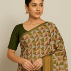 Multicolor Geometric Print Bhagalpur Art Silk Saree with Olive Border & Tassels