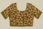 Multicolor Geometric Print Bhagalpur Art Silk Saree with Olive Border & Tassels