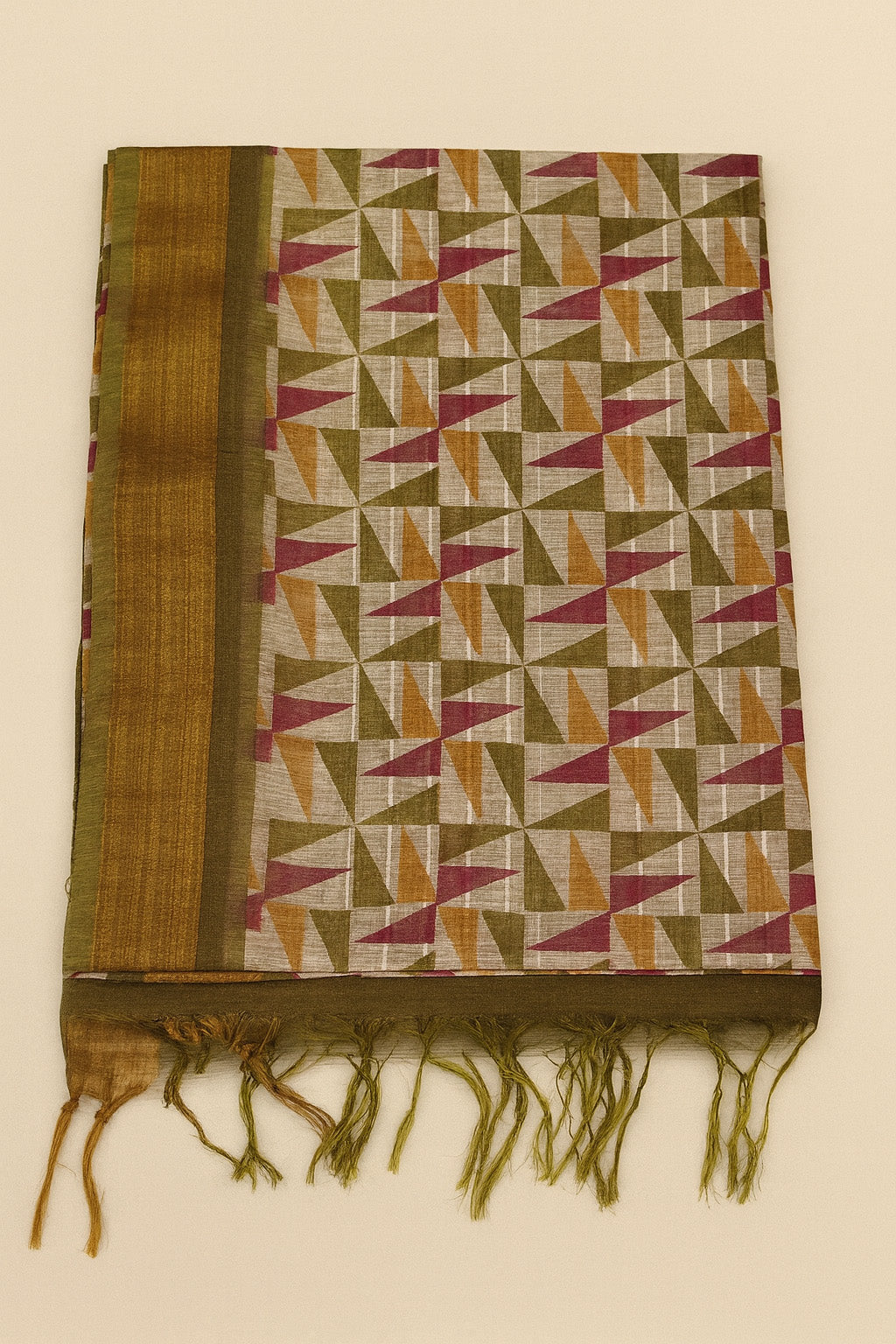 Multicolor Geometric Print Bhagalpur Art Silk Saree with Olive Border & Tassels