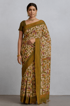 Multicolor Geometric Print Bhagalpur Art Silk Saree with Olive Border & Tassels