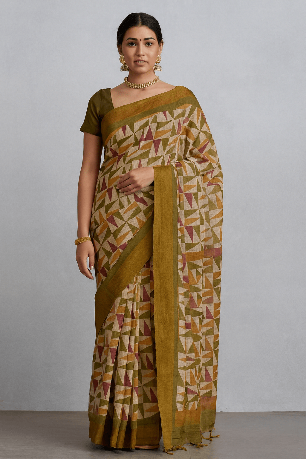Multicolor Geometric Print Bhagalpur Art Silk Saree with Olive Border & Tassels