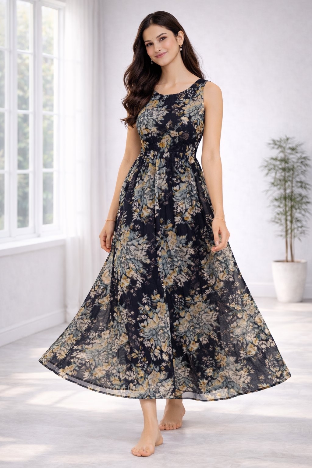 Women’s Floral Frock Style Western Top with Denim Jacket – Round Neck Synthetic Dress