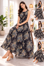 Women’s Floral Frock Style Western Top with Denim Jacket – Round Neck Synthetic Dress