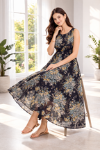 Women’s Floral Frock Style Western Top with Denim Jacket – Round Neck Synthetic Dress