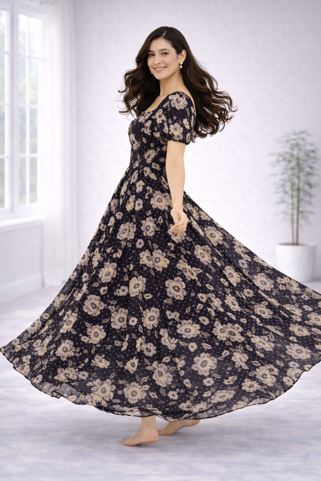 Women’s Black Floral Frock Style Western Top – Scoop Neck Maxi Dress