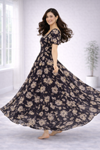 Women’s Black Floral Frock Style Western Top – Scoop Neck Maxi Dress