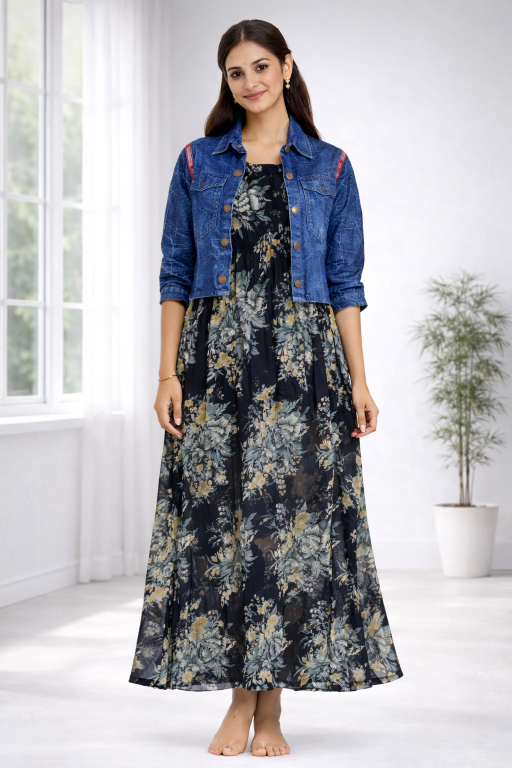 Women’s Floral Frock Style Western Top with Denim Jacket – Round Neck Synthetic Dress