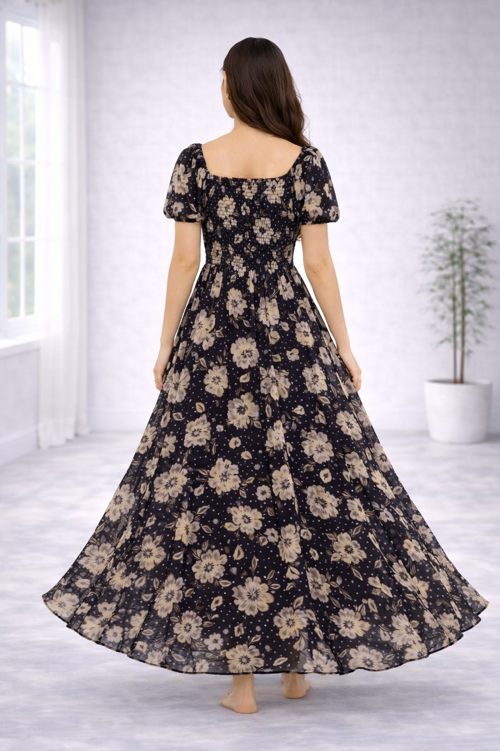 Women’s Black Floral Frock Style Western Top – Scoop Neck Maxi Dress