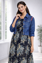 Women’s Floral Frock Style Western Top with Denim Jacket – Round Neck Synthetic Dress