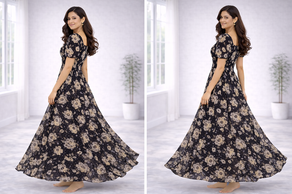 Women’s Black Floral Frock Style Western Top – Scoop Neck Maxi Dress